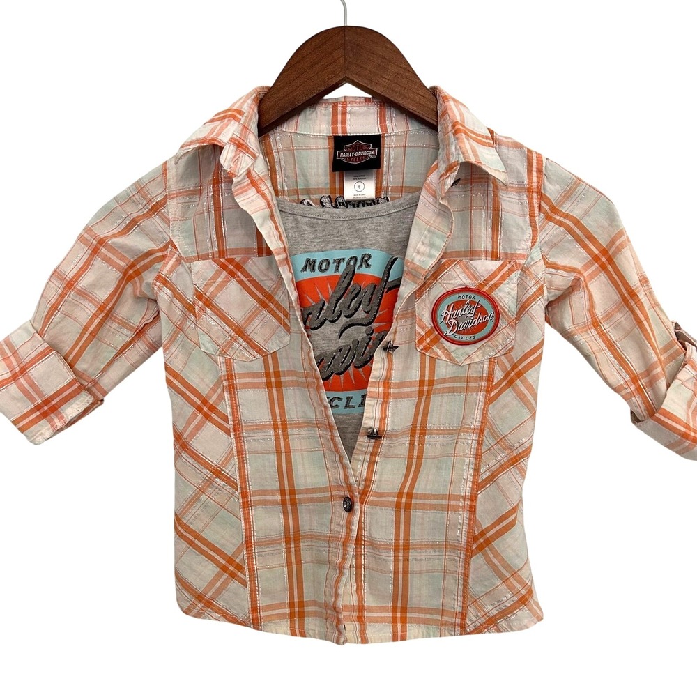 Harley Davidson‎ Girls 6 Plaid Button Down Shirt and Tank Top Set Orange Teal
